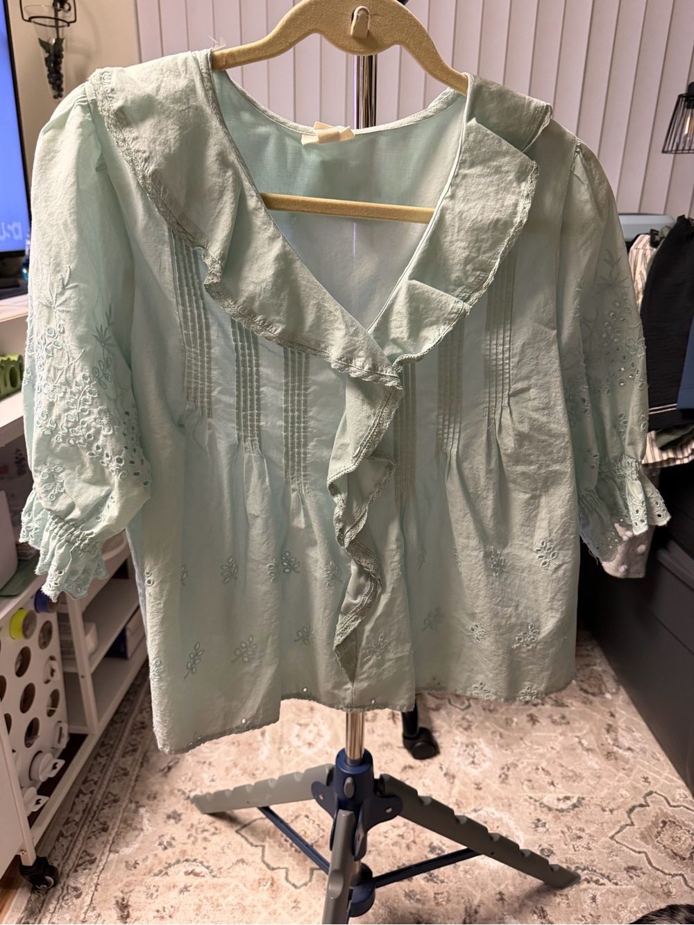 New ANA size medium Light Mint Ruffle-Front Women's Blouse